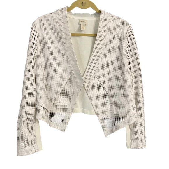 Chicos Medium (Sz 1) White Perforated Faux Leather Open Front Moto Jacket - Picture 1 of 4